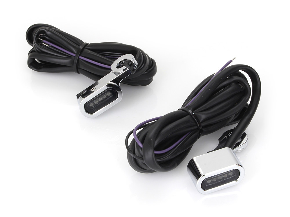 Rollies Speed Shop Under Perch Turn Signals – Chrome. Fits Softail 1984-2014, Dyna 1991-2017 & Sportster 1982-2003.