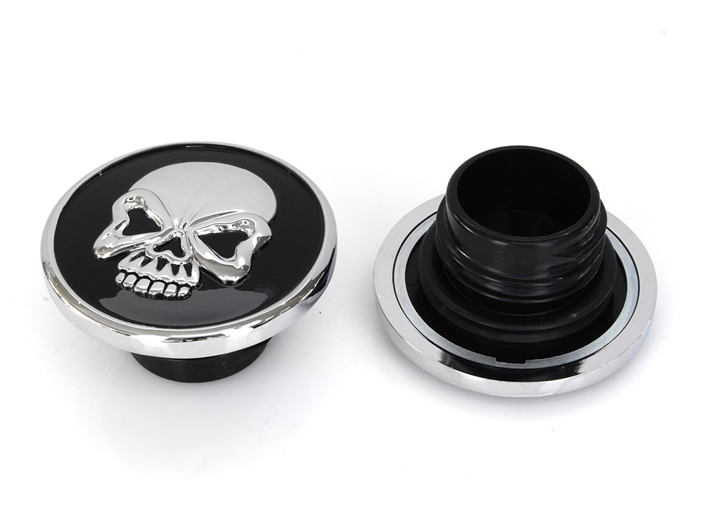 Rollies Speed Shop Screw-In Fuel Caps – Chrome & Black Skull. Fits H-D 1982-1995.