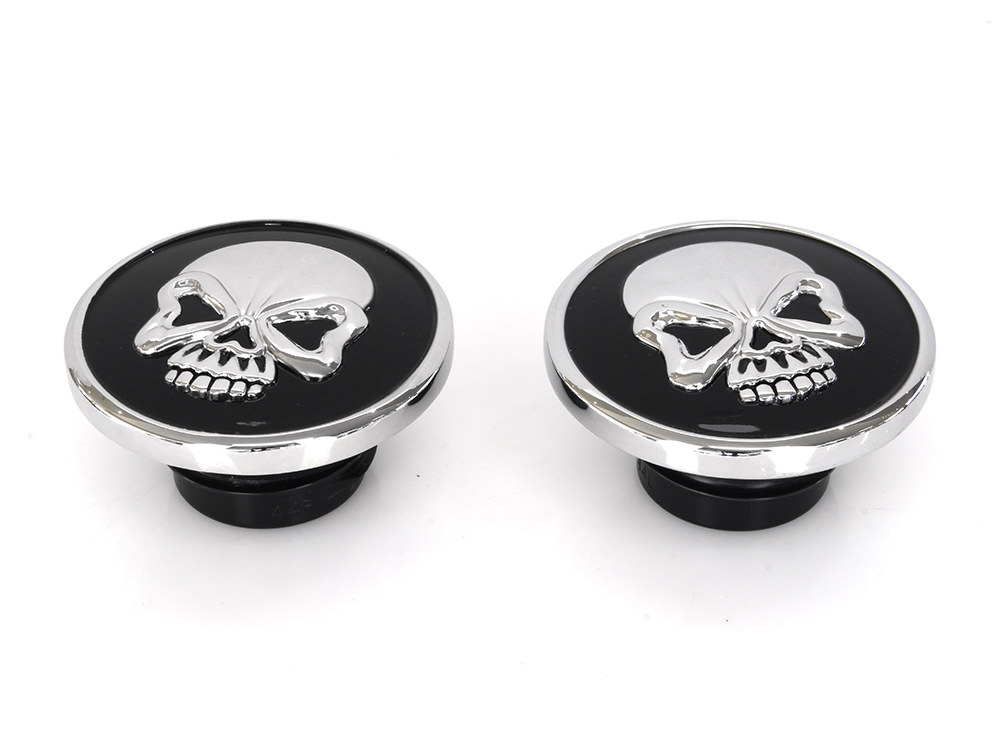 Rollies Speed Shop Screw-In Fuel Caps – Chrome & Black Skull. Fits H-D 1982-1995.