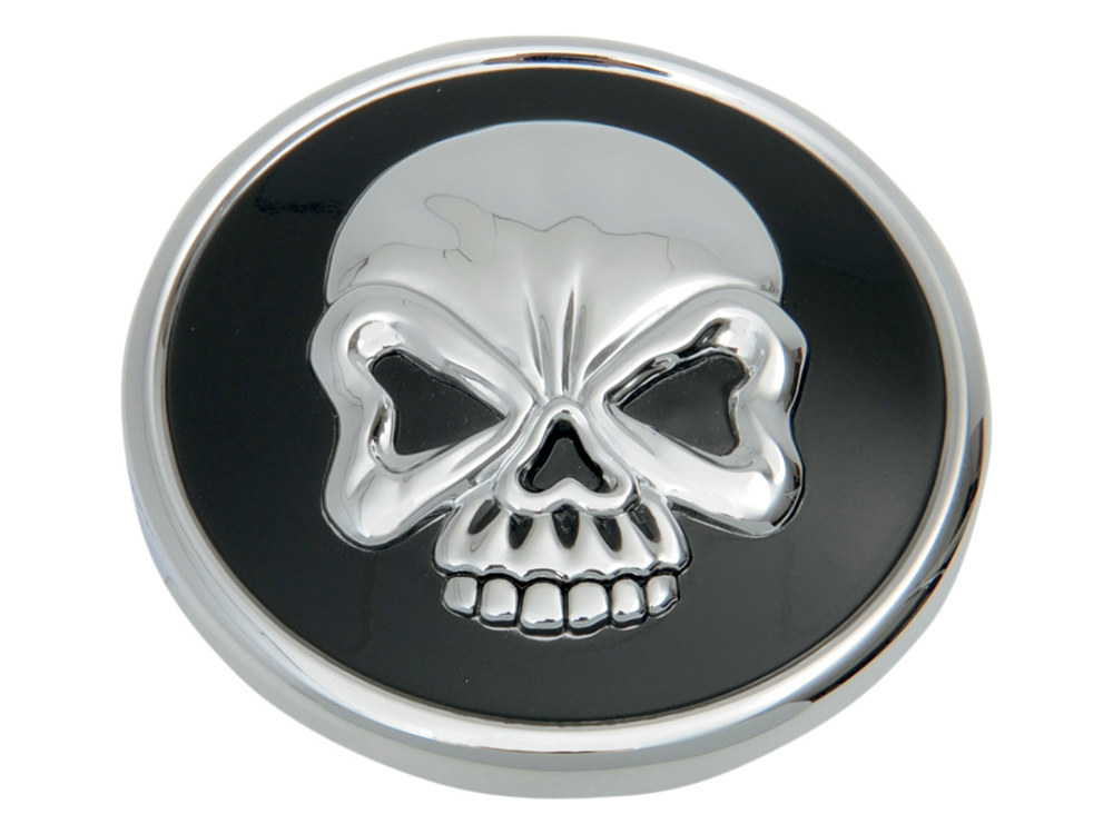 Rollies Speed Shop Right Hand Vented Skull Screw-In Fuel Cap – Chrome & Black. Fits H-D Big Twin 1996up & Sportster 1996-2021.