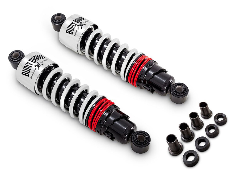 Burly Brand 10-1/2in. Slammer Plus Rear Shock Absorbers – Chrome. Fits Dyna 1991-2017.