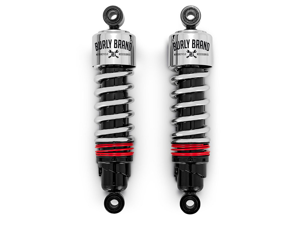 Burly Brand 10-1/2in. Slammer Plus Rear Shock Absorbers – Chrome. Fits Dyna 1991-2017.