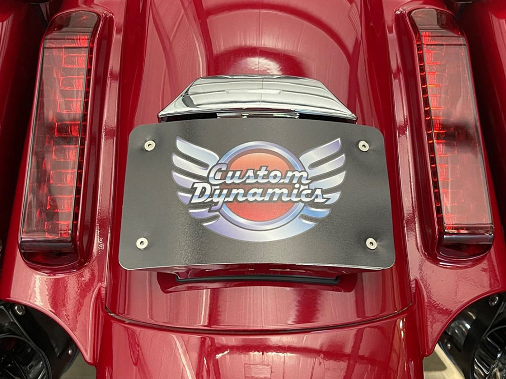 Custom Dynamics Curved Radius Number Plate Backing Plate – Chrome. Fits CVO Touring 2023up & Street Glide & Road Glide 2024up