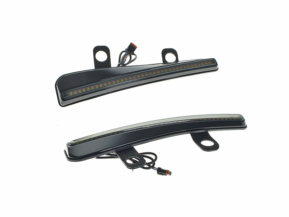 Custom Dynamics LED Windshield Trim with Turn Signals – Smoke Lens, Gloss Black Housing. Fits CVO Road Glide (inc ‘ST’) 2023up & Roadglide 2024up.