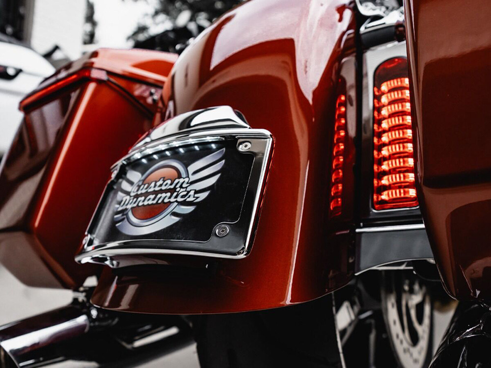 Custom Dynamics Curved Number Plate Frame with Number Plate Light Only – Chrome. Fits CVO Touring 2023up & Street Glide & Road Glide 2024up