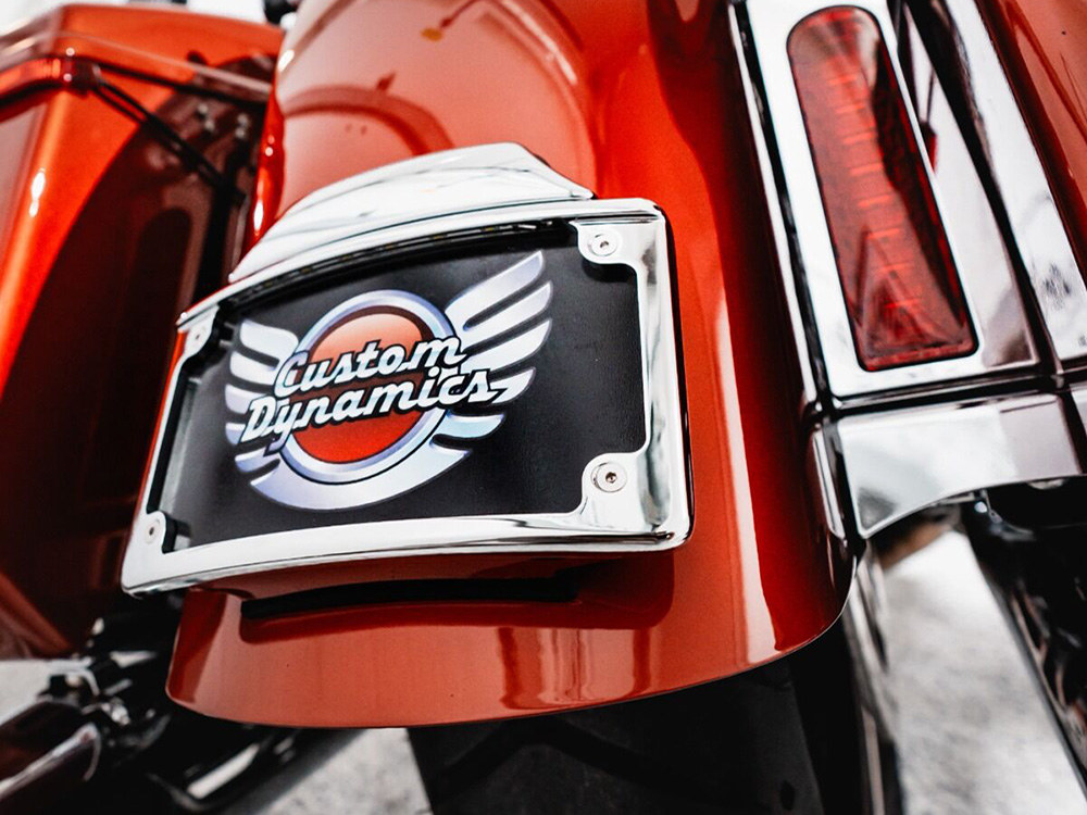 Custom Dynamics Curved Number Plate Frame with Number Plate Light Only – Chrome. Fits CVO Touring 2023up & Street Glide & Road Glide 2024up