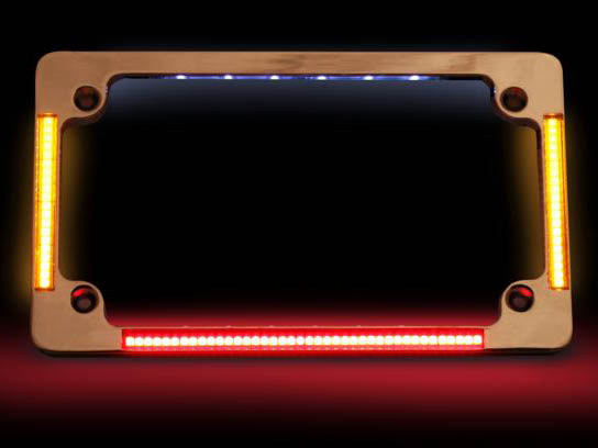 Custom Dynamics Flat Number Plate Frame with LED Amber Turn Signals & Red Brake Light – Chrome.