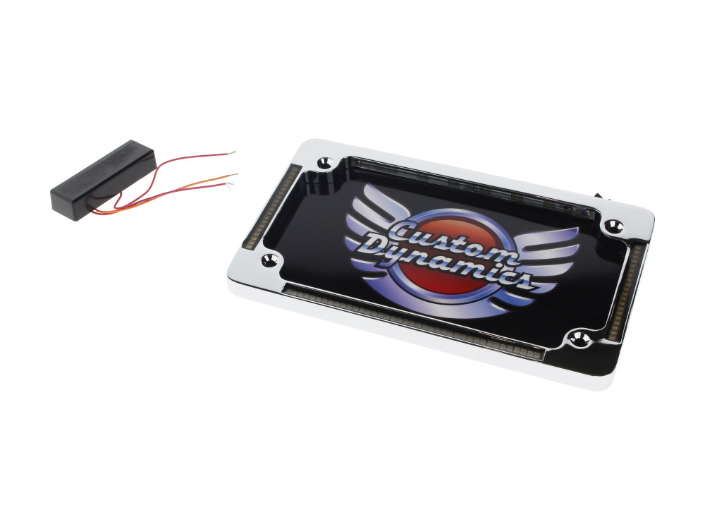 Custom Dynamics Flat Number Plate Frame with LED Amber Turn Signals & Red Brake Light – Chrome.