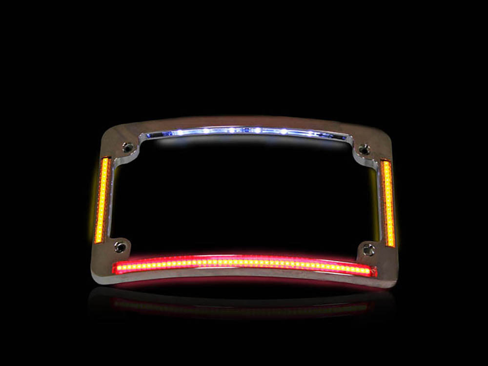 Custom Dynamics Curved Number Plate Frame with LED Amber Turn Signals & Red Brake Light – Chrome.