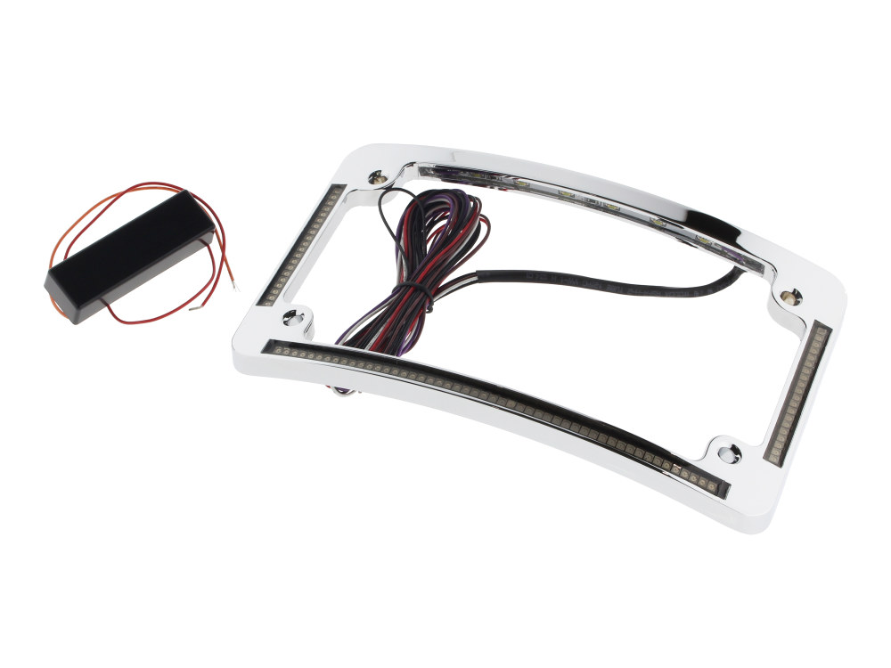 Custom Dynamics Curved Number Plate Frame with LED Amber Turn Signals & Red Brake Light – Chrome.