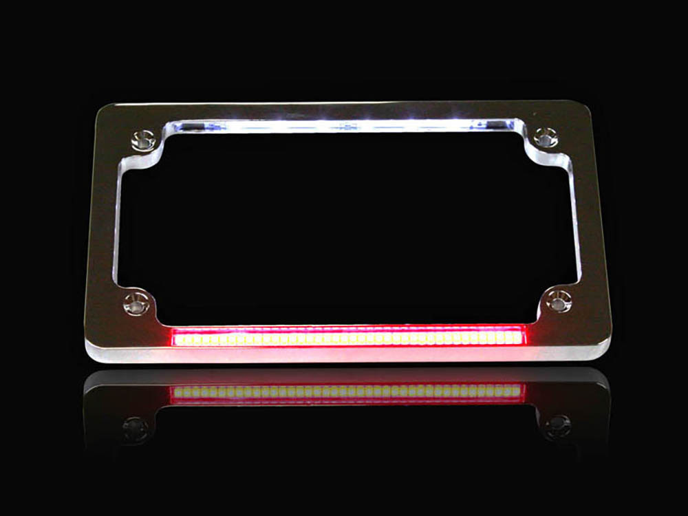 N/Plate Frame; Flat Chr w/LED Red