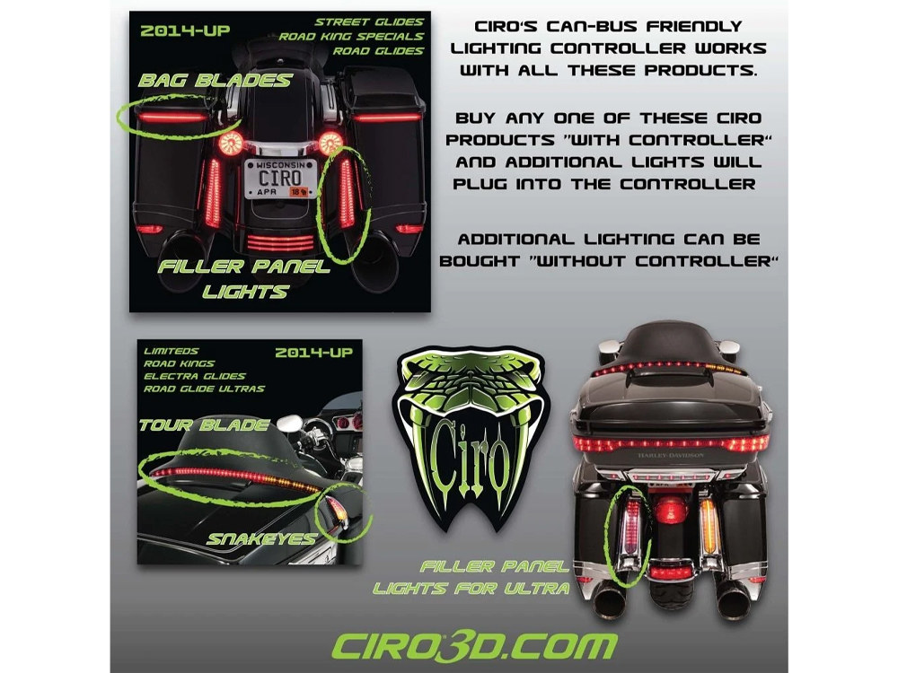 Ciro3D LED Filler Panel Lights. Red Run & Brake with Amber Turn and Chrome Housing. Fits Ultra & Road King Touring Models 2014up & Street/Road Glide ST 2022up