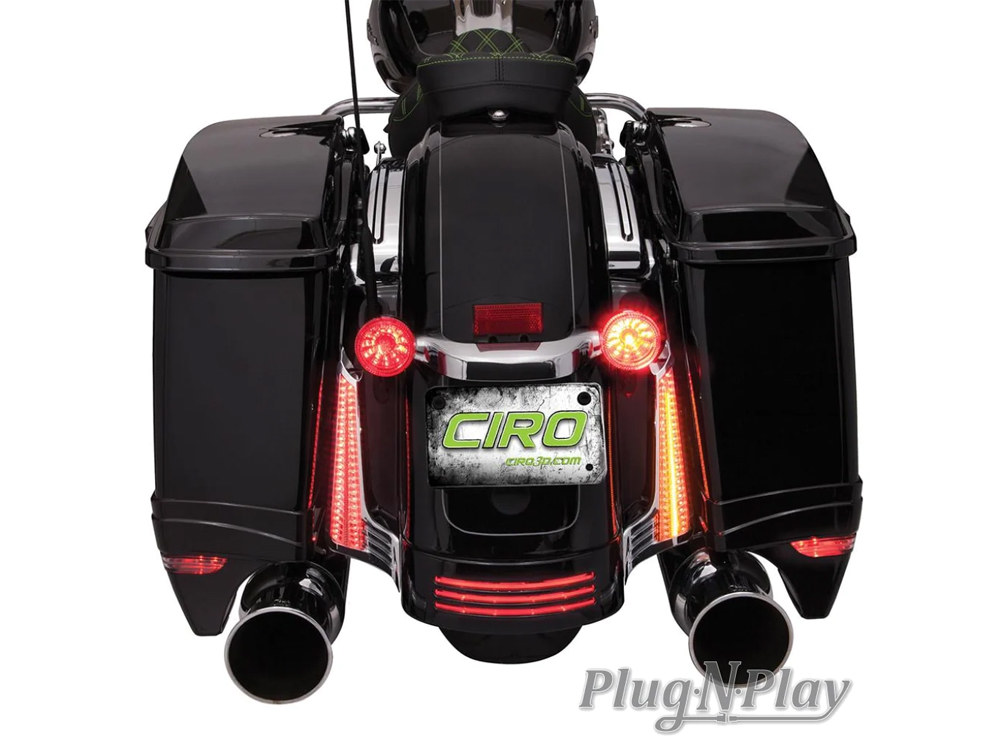 Ciro3D LED Fascia Filler Panel Lights. Red Run & Brake with Amber Turn and Chrome Housing. Fits Street Glide 2014up, Road Glide 2015up & Road King Special 2017up
