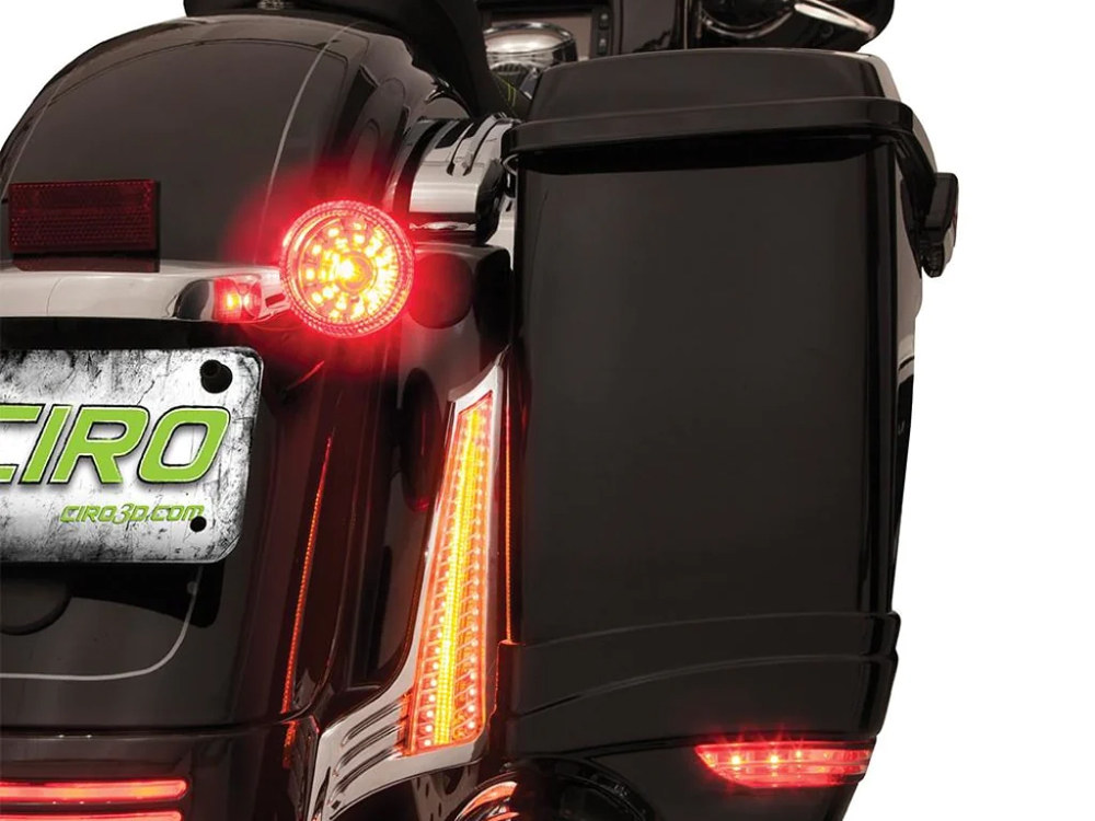 Ciro3D LED Fascia Filler Panel Lights. Red Run & Brake with Amber Turn and Chrome Housing. Fits Street Glide 2014up, Road Glide 2015up & Road King Special 2017up