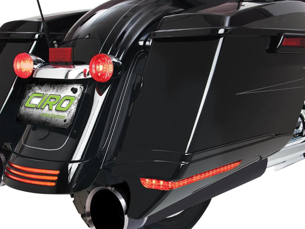 Ciro3D Saddlebag Extensions – Black. Red Run, Brake & Turn with Smoke Lens. Fits Touring 2014-2023 with Standard Bags