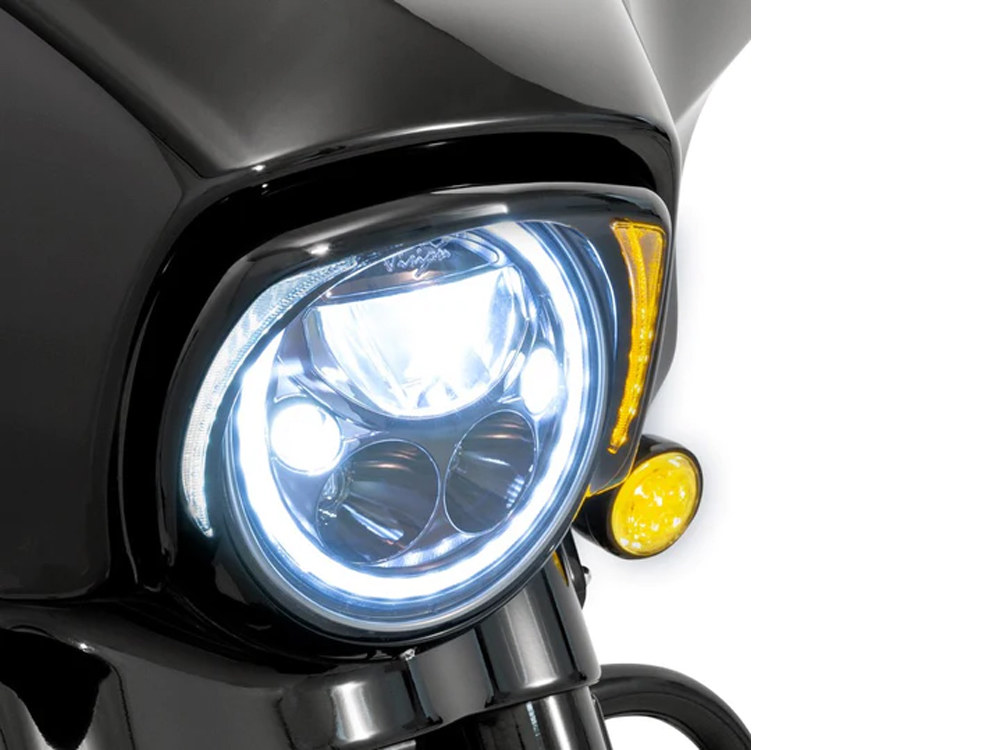 Ciro3D Fang LED Headlight Bezel with Amber Turn Signals & White Running Lights – Black. Fits Touring 2014-2023