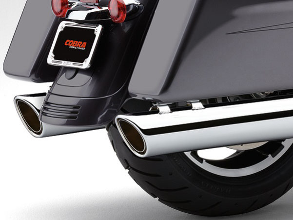 COBRA EXHAUST 4in. 909 Back Slash Slip-On Mufflers – Chrome. Fits Touring 1995-2016 & Trike 2017-2020.