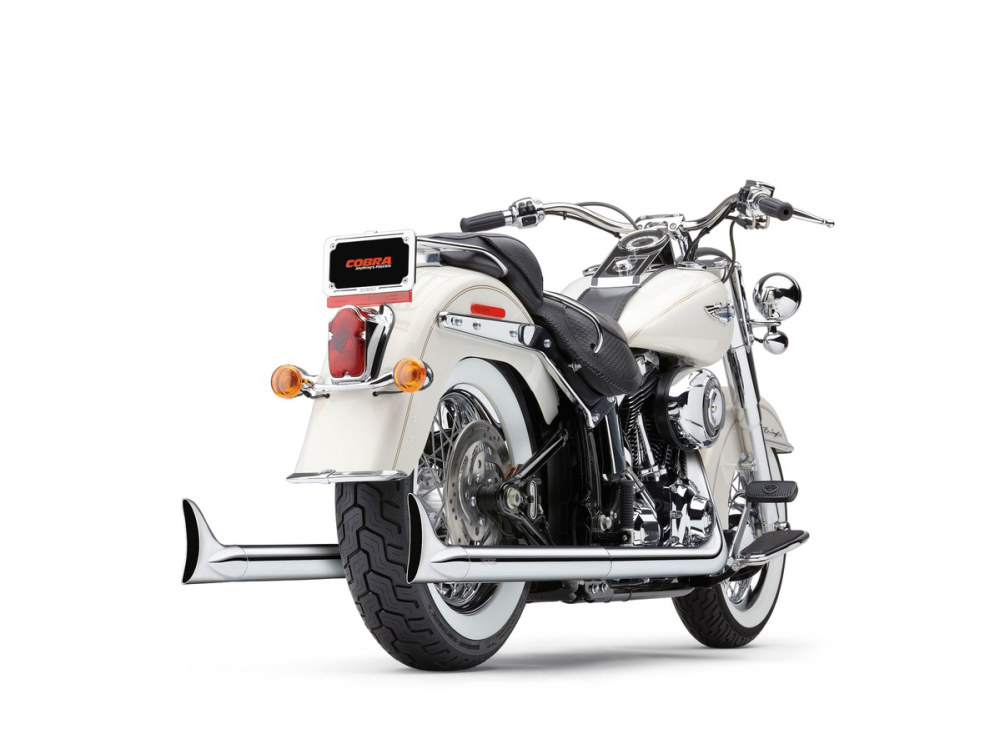 COBRA EXHAUST Bad Hombre True Dual Exhaust – Chrome with Chrome Classic Fishtail Tips. Fits Softail 1997-2006.