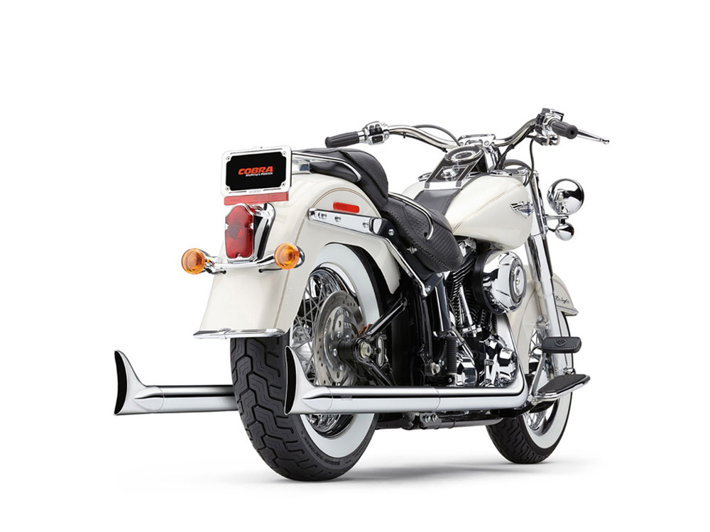 COBRA EXHAUST Bad Hombre True Dual Exhaust – Chrome with Chrome Classic Fishtail Tips. Fits Softail 2007-2017.