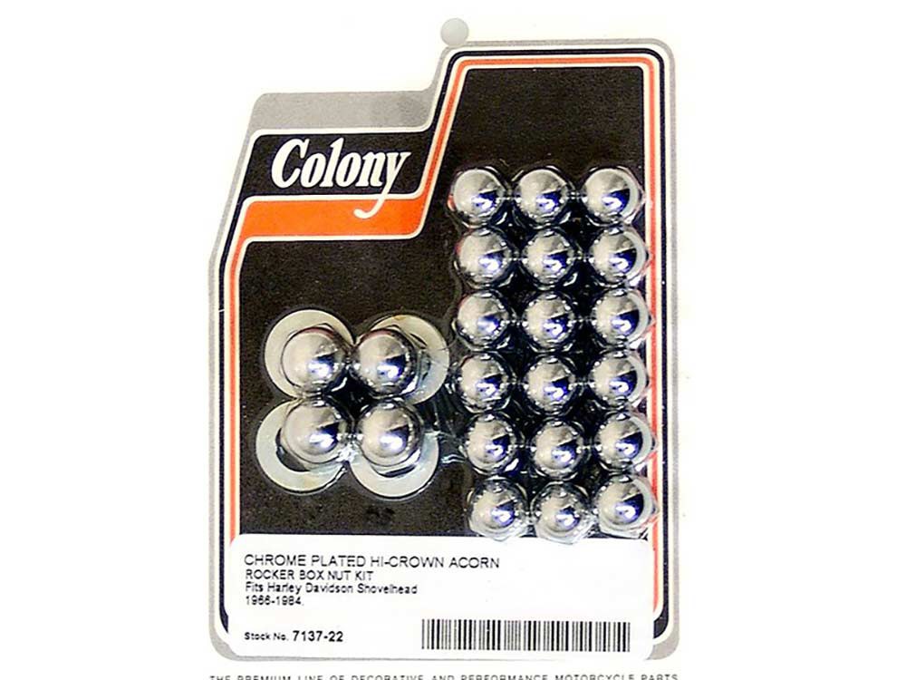 Colony Machine Acorn Rocker Box Nuts – Chrome. Fits Big Twin 1966-1984.