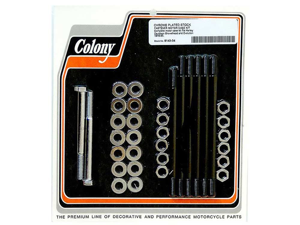 Colony Machine Stock Motor Case Stud, Bolt & Nut Kit – Chrome. Fits Shovel & Evo 1979-1995.