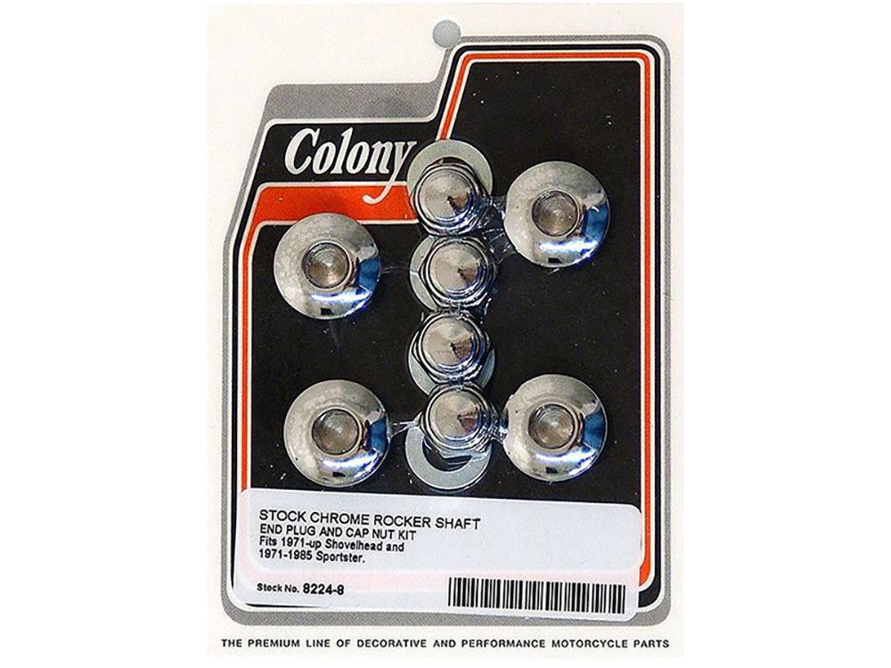 Colony Machine Stock Rocker Shaft Plug & Nut Kit – Chrome. Fits Shovel 1971-1984 & Sportster 1971-1985.