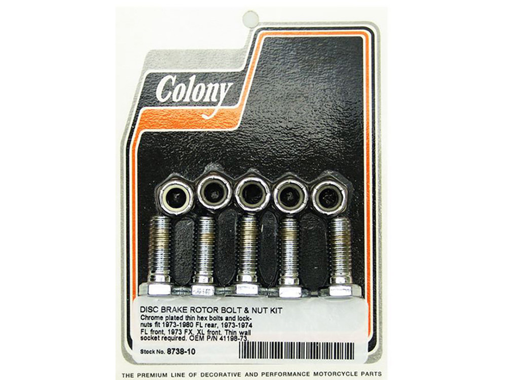 Colony Machine Rear Disc Rotor Bolts – Chrome. Fits Rear on Big Twin 1973-1980 & Front on 4Spd FL 1973-1984