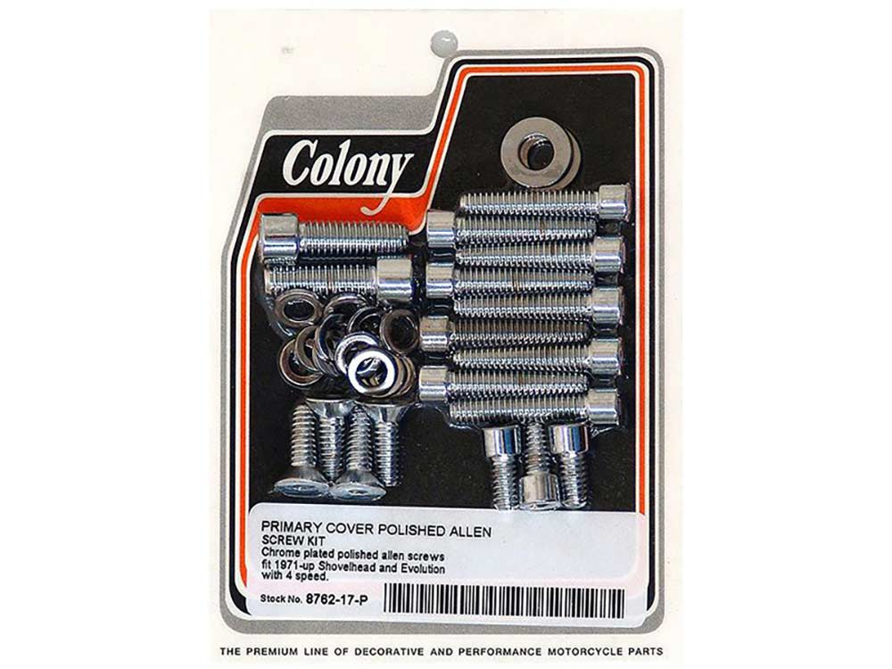 Colony Machine Polished Allen Head Primary Cover Bolt – Chrome. Fits 4Spd Big Twin 1971-1984 & Softail 1984-1988.
