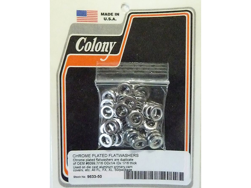 Colony Machine 1/4in. Flat Washers – Chrome. Pack of 50