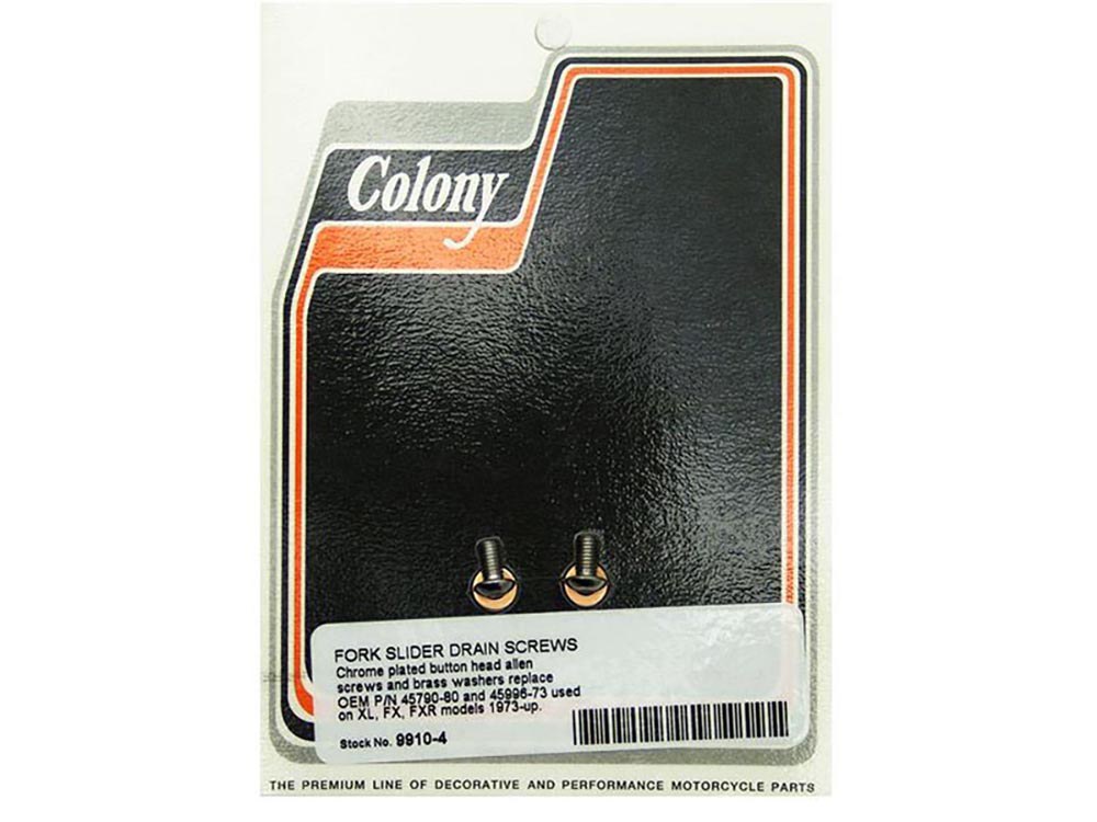Colony Machine Button Head Fork Slider Drain Screws – Chrome. Fits FX & FXR 1973up & Sportster 1973-2021.