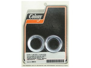 Colony Machine Fork Tube Bolt Washer – Chrome. Fits Big Twin 1978-2017 with Wide Glide Front End. Colony Machine Fork Tube Bolt Washer – Chrome. Fits Big Twin 1978-2017 with Wide Glide Front End.