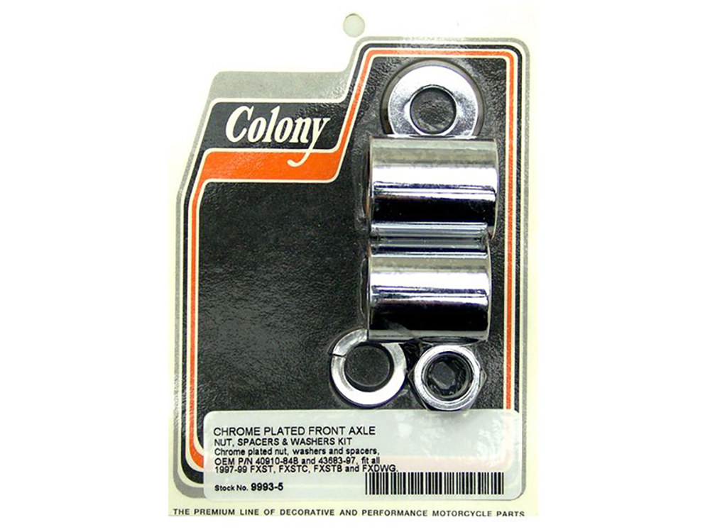 Colony Machine Front Axle Spacer Kit – Chrome. Fits FX Softail & Dyna Wide Glide 1997-1999