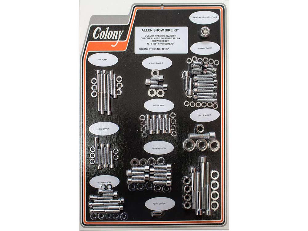 Colony Machine Polished Allen Head Show Bike Kit – Chrome. Fits Big Twin Shovel 1978-1984.