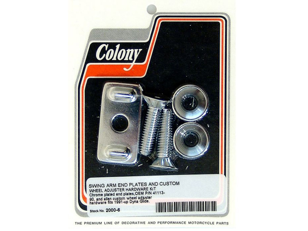 Colony Machine Axle Adjusting Kit with Swing Arm End Plates & Wheel Adjuster Hardware – Chrome. Fits Dyna 1991-2005.