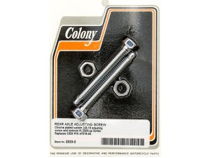 Colony Machine Rear Axle Adjusting Kit with Dome Adjuster Bolts & Nuts – Chrome. Fits Softail 2000-2007. Colony Machine Rear Axle Adjusting Kit with Dome Adjuster Bolts & Nuts – Chrome. Fits Softail 2000-2007.
