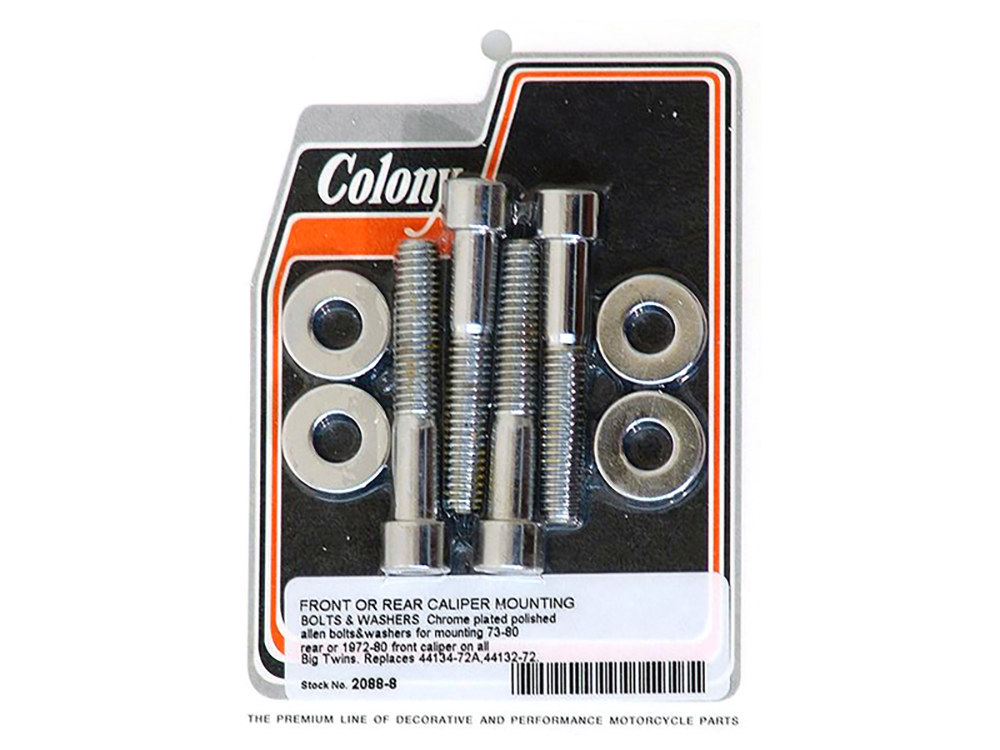 Colony Machine Allen Head Caliper Mount Bolt & Washer Kit – Chrome. Fits Front on Big Twin 1972-1980 & Rear on Big Twin 1973-1980.