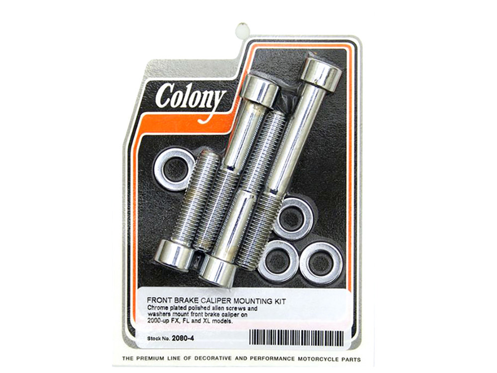 Colony Machine Allen Head Caliper Mount Bolt & Washer Kit – Chrome. Fits Front on FX, FL & Sportster 2000-2007 & V-Rod 2002-2005.