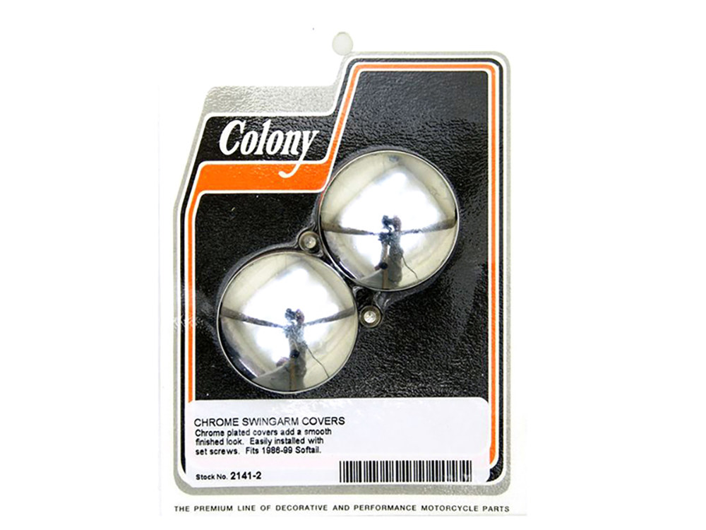 Colony Machine Swingarm Pivot Bolt Covers – Chrome. Fits Softail 1986-1999.