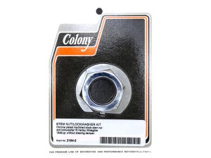 Colony Machine Stem Nut & Lock Washer – Chrome. Fits Wide Glide 1949up. Colony Machine Stem Nut & Lock Washer – Chrome. Fits Wide Glide 1949up.