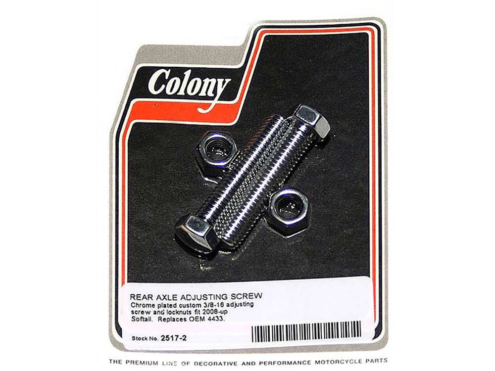 Colony Machine Rear Axle Adjusting Bolts – Chrome. Fits Softail 2008-2017.