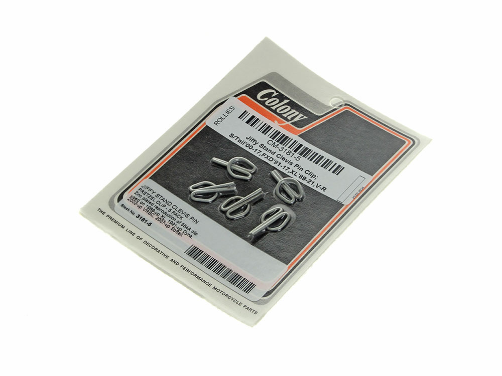 Colony Machine Jiffy Stand Clevis Pin Clip – Pack of 5. Fits Softail 2000-2017, Dyna 1991-2017, Sportster 1989-2021 & V-Rod 2002-2017