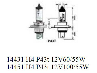 Bulb; H/Light 12V 60/55W H4 Clear