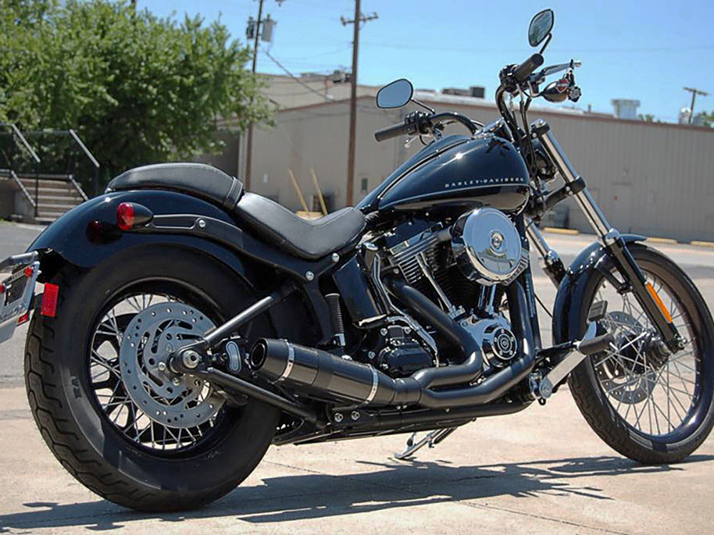 D&D EXHAUST Bob Cat 2-into-1 Exhaust – Black with Black Satin Sleeve Muffler. Fits Softail 1986-2017 & Rocker 2008-2011.