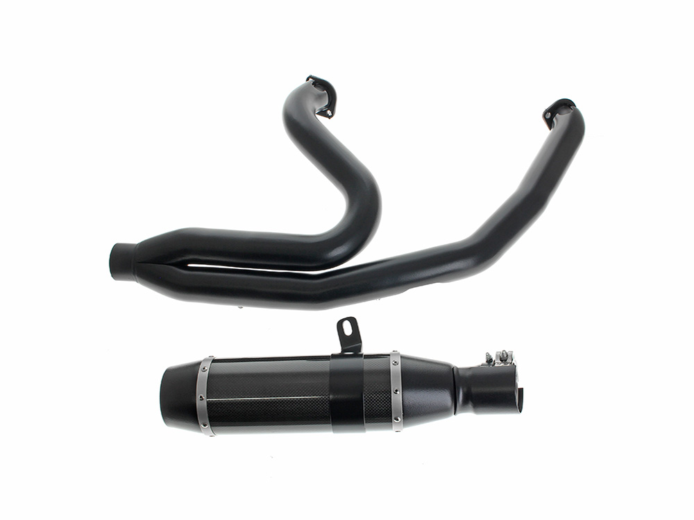 D&D EXHAUST Bob Cat 2-into-1 Exhaust – Black with Carbon Fibre Sleeve Muffler. Fits Softail 2025up Non-240 Tyre Models