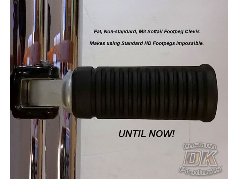 Custom DK Products Footpeg Adapters – Black. Fits Earlier Style Footpegs to Softail 2018up.
