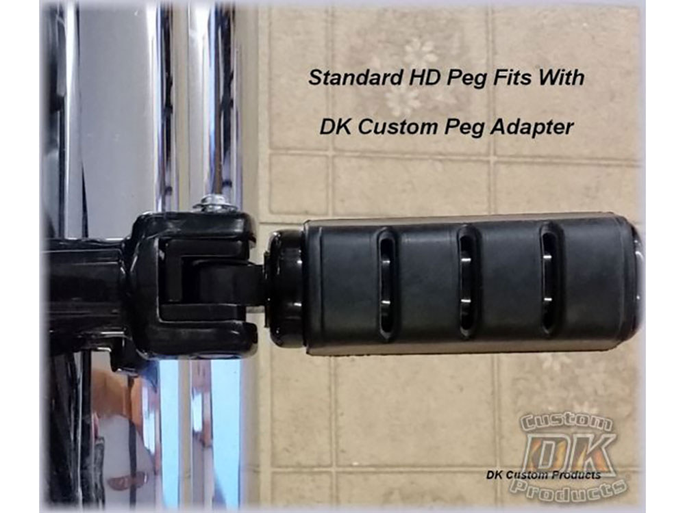 Custom DK Products Footpeg Adapters – Black. Fits Earlier Style Footpegs to Softail 2018up.