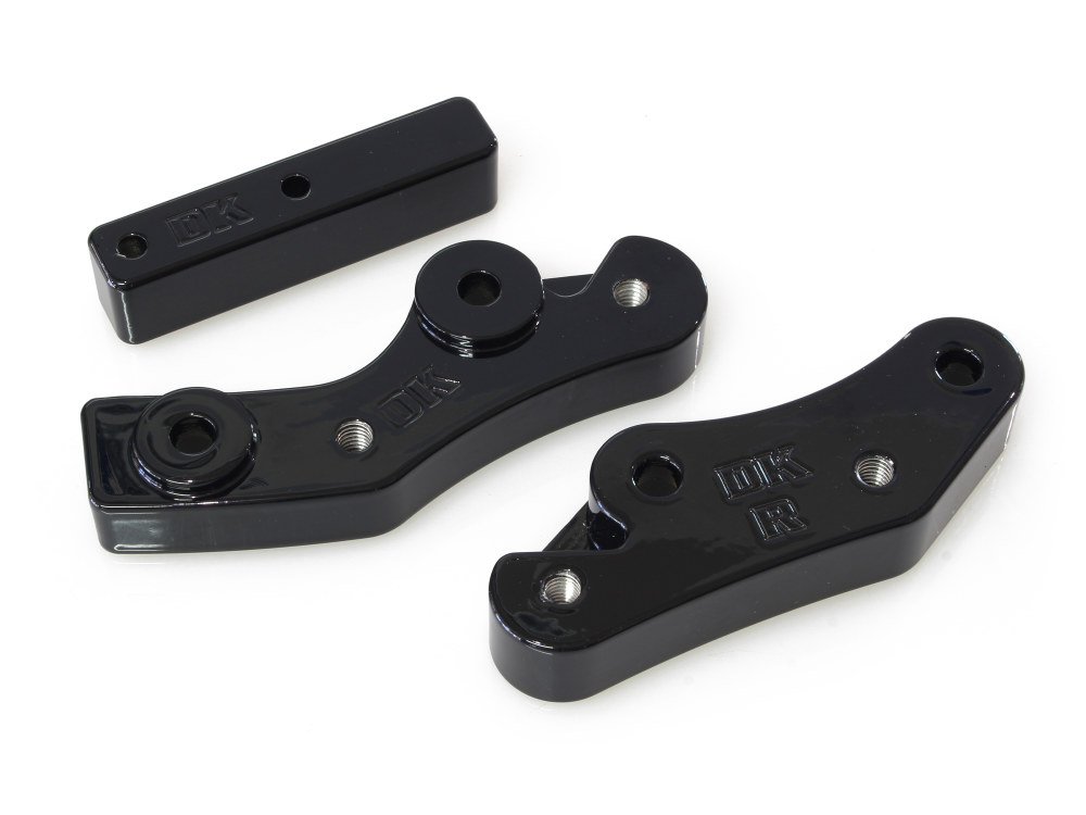 Custom DK Products Front Floorboard Relocation Brackets – Black. Fits FL Softail 2018up.