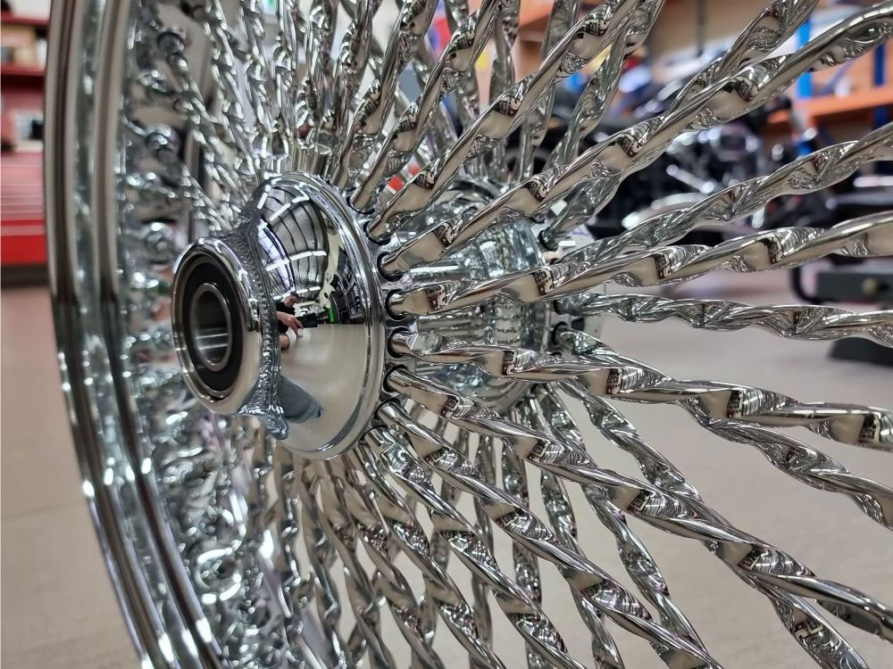 DNA Specialty 23in. x 3.5in. Cali Fat Spoke Front Wheel – Chrome. Fits Softail Heritage 2011up, Deluxe 2011-2020, Slim 2012-2021 & Fatboy 2011-2017