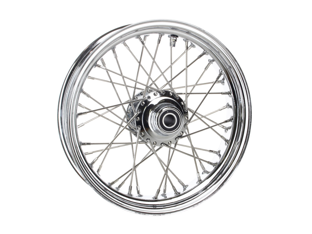 DNA Specialty 16in. x 3.5in. Front 40 Spoke Cross Laced Wheel – Chrome. Fits FL Softail 2000-2006, & FX Springer 2000-2007.