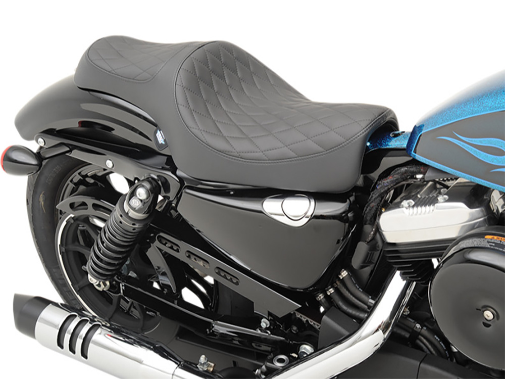 Drag Specialties Caballero Dual Seat with Solar Leather & Black Diamond Stitch. Fits Sportster 2004-2021